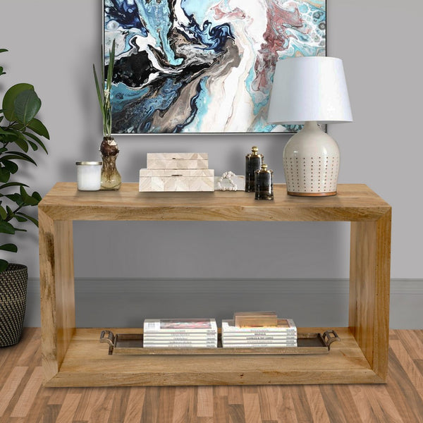 Keli 52 Inch Mango Wood Sideboard Console Table, Open Cube, 1 Shelf, Natural Brown- UPT-228692