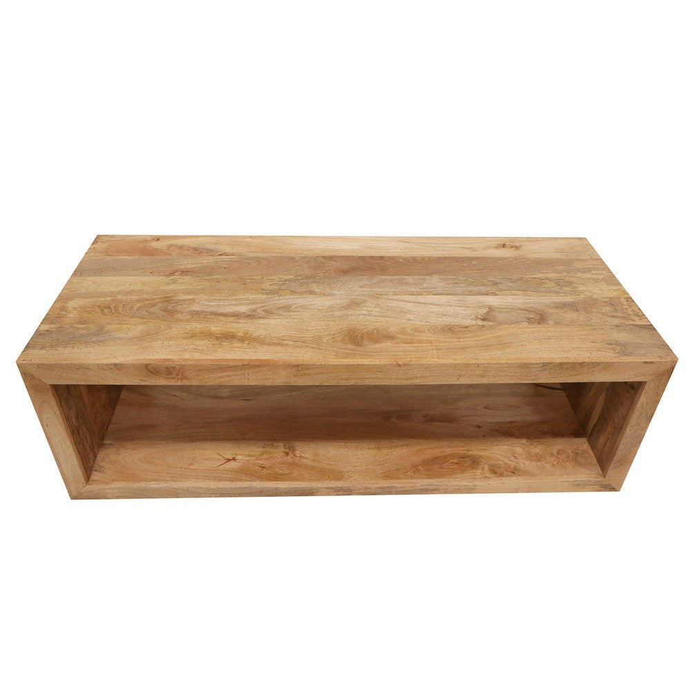 Keli 58 Inch Mango Wood Coffee Table, Open Cube, 1 Shelf, Natural Brown - UPT-228693