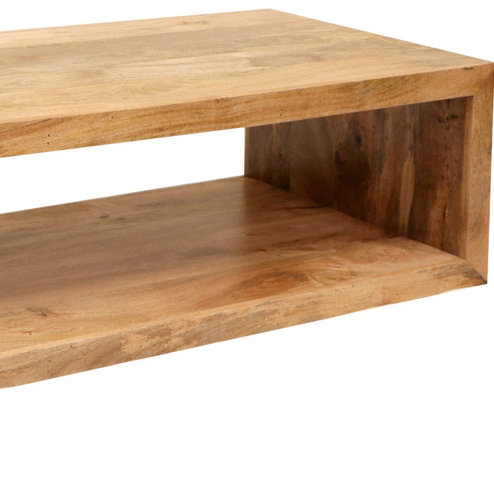 Keli 58 Inch Mango Wood Coffee Table, Open Cube, 1 Shelf, Natural Brown - UPT-228693