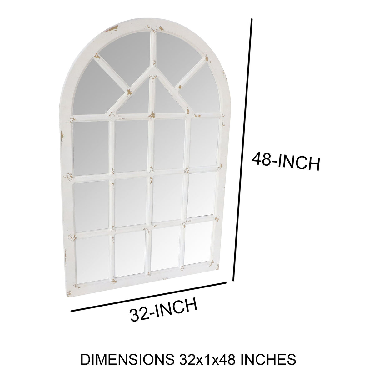 Arched Farmhouse Windowpane Wood Encased Wall Mirror, Antique White - UPT-228701