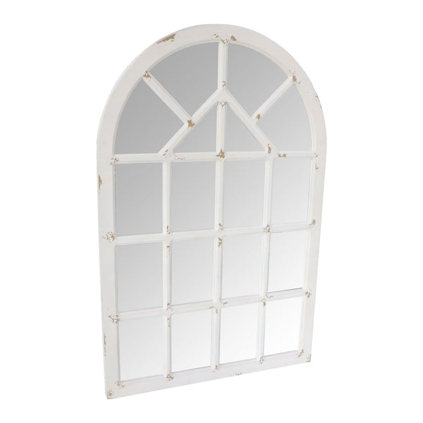 Arched Farmhouse Windowpane Wood Encased Wall Mirror, Antique White - UPT-228701