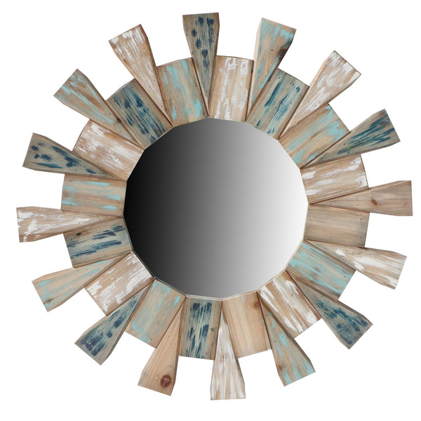 Round Wooden Decor Wall Mirror with Triangular Plank Accent, Brown - UPT-228704