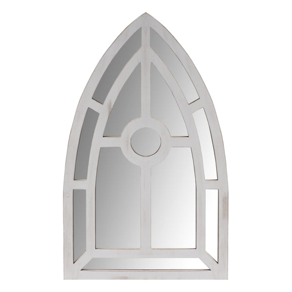 Arched Window Pane Wooden Wall Mirror with Trimmed Details, Silver - UPT-228706