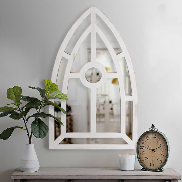 Arched Window Pane Wooden Wall Mirror with Trimmed Details, Silver - UPT-228706