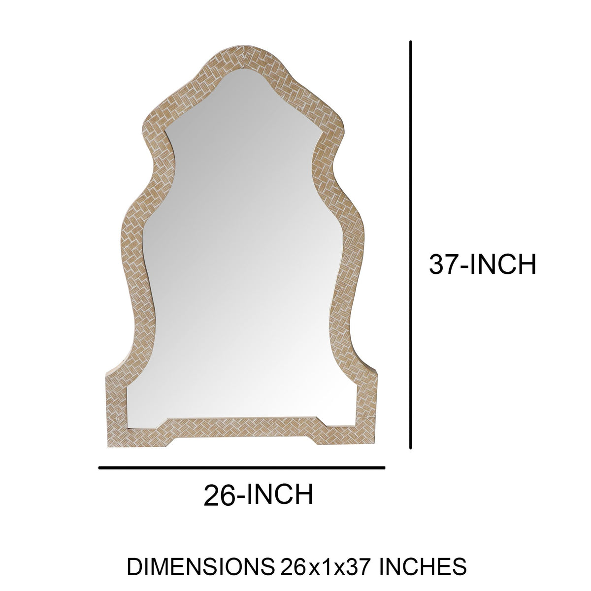 Scalloped Top Wooden Framed Wall Mirror with Geometric Texture, Brown - UPT-228708