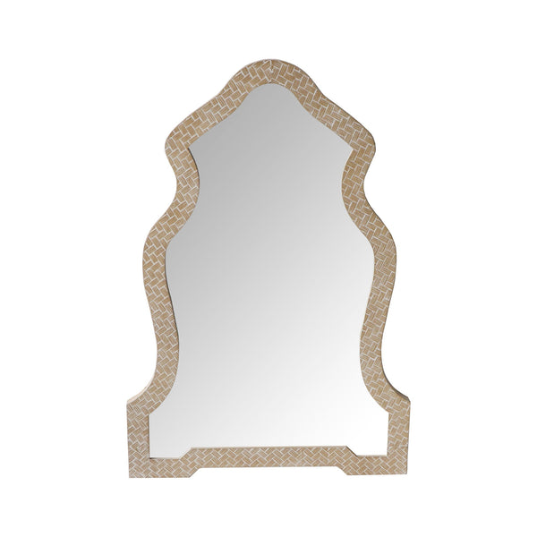Scalloped Top Wooden Framed Wall Mirror with Geometric Texture, Brown - UPT-228708