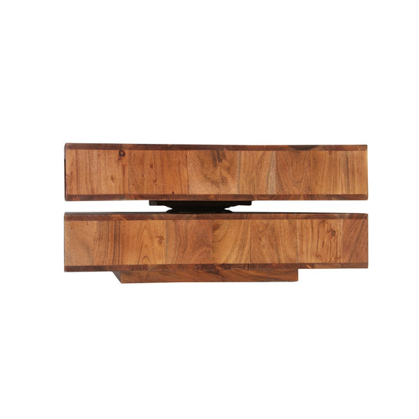 32 Inch Handcrafted Square Acacia Wood Coffee Table, Staggered Block Design, Swivel Cubby and Drawer, Brown - UPT-229063