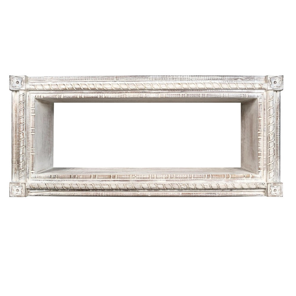 37 Inch Mango Wood Floating Wall Shelf Unit, Rectangular, Carvings, Distressed White - UPT-229608