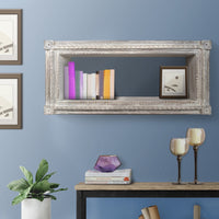 37 Inch Mango Wood Floating Wall Shelf Unit, Rectangular, Carvings, Distressed White - UPT-229608