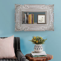23 Inch Mango Wood Floating Wall Shelf Unit, Floating, Ornate Scroll Carvings, Distressed Gray - UPT-229610
