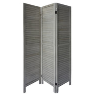 67 Inch Paulownia Wood Panel Divider Screen, Shutter Design, 3 Panels, Distressed Gray - UPT-230656