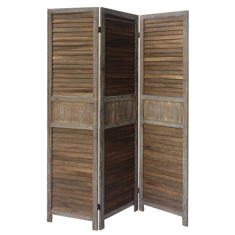 67 Inch Paulownia Wood Panel Divider Screen, Shutter Design, 3 Panels, Distressed Brown - UPT-230657
