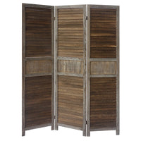 67 Inch Paulownia Wood Panel Divider Screen, Shutter Design, 3 Panels, Distressed Brown - UPT-230657