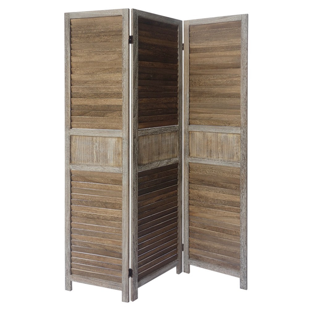 67 Inch Paulownia Wood Panel Divider Screen, Shutter Design, 3 Panels, Distressed Brown - UPT-230657