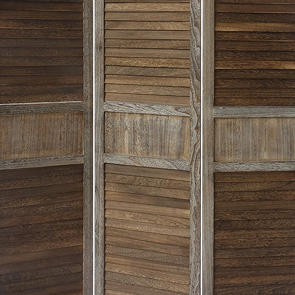 67 Inch Paulownia Wood Panel Divider Screen, Shutter Design, 3 Panels, Distressed Brown - UPT-230657