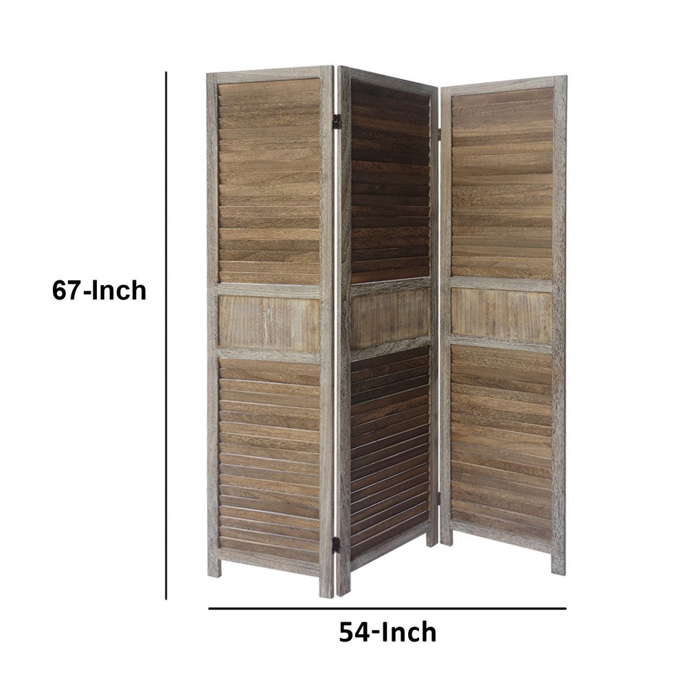 67 Inch Paulownia Wood Panel Divider Screen, Shutter Design, 3 Panels, Distressed Brown - UPT-230657