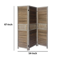 67 Inch Paulownia Wood Panel Divider Screen, Shutter Design, 3 Panels, Distressed Brown - UPT-230657