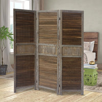 67 Inch Paulownia Wood Panel Divider Screen, Shutter Design, 3 Panels, Distressed Brown - UPT-230657