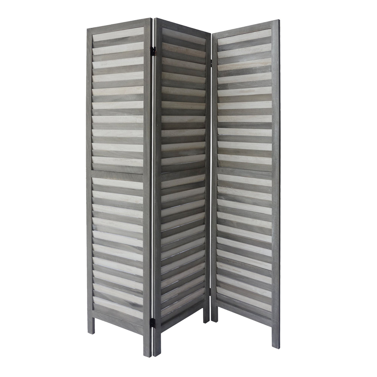 67 Inch Paulownia Wood Panel Divider Screen, Shutter Design, 3 Panels, Gray Stripes - UPT-230658