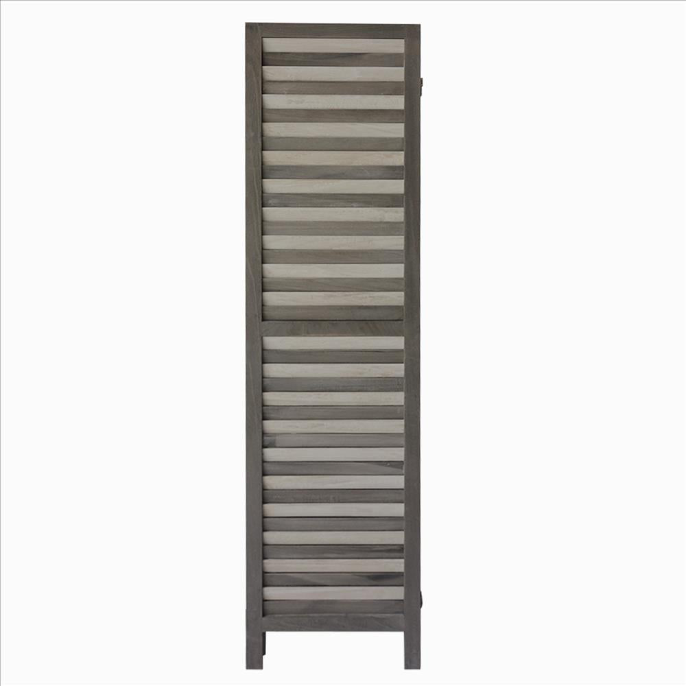 67 Inch Paulownia Wood Panel Divider Screen, Shutter Design, 3 Panels, Gray Stripes - UPT-230658