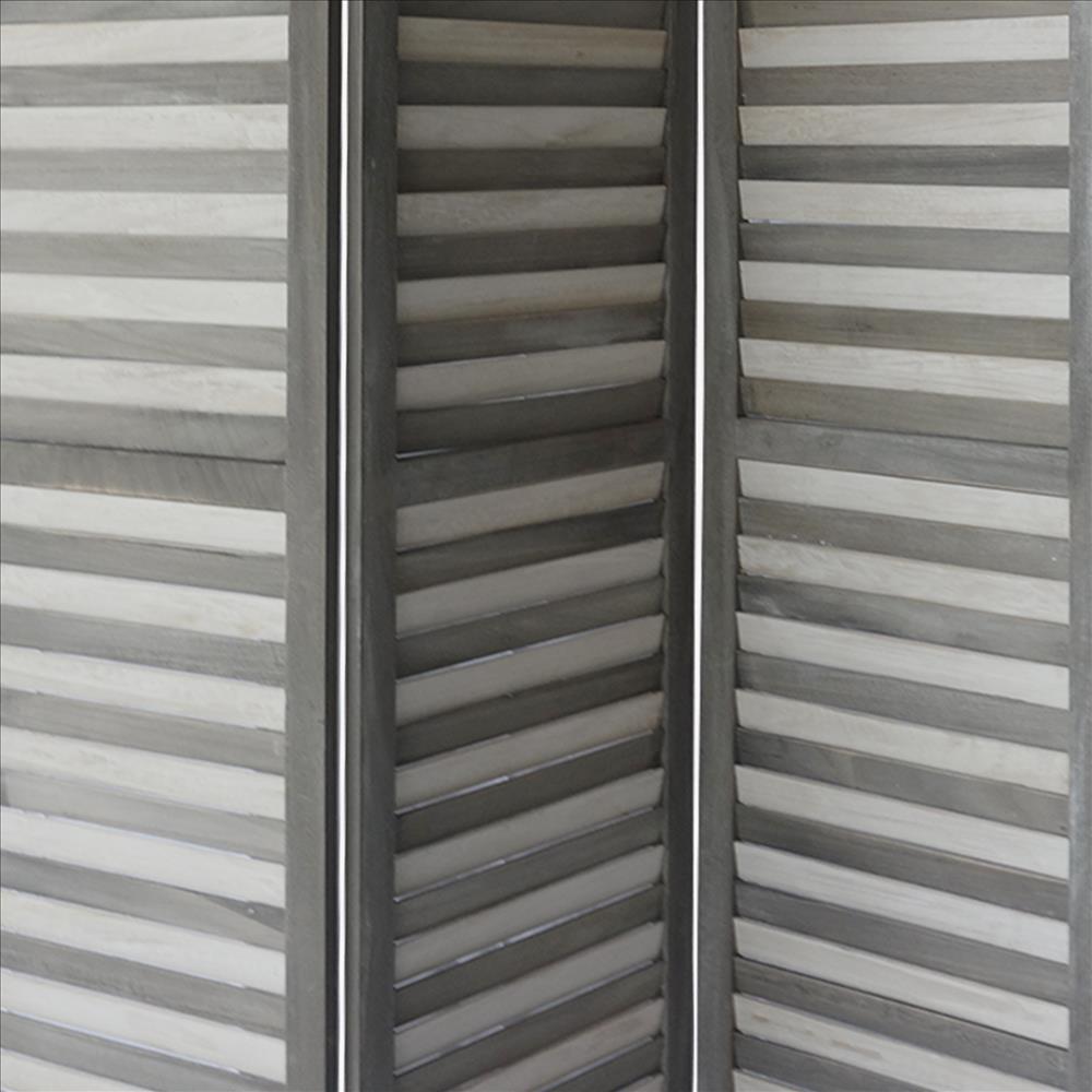 67 Inch Paulownia Wood Panel Divider Screen, Shutter Design, 3 Panels, Gray Stripes - UPT-230658