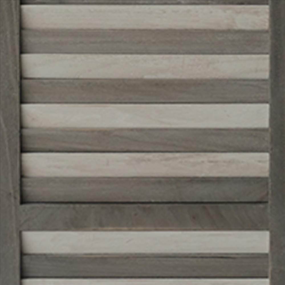 67 Inch Paulownia Wood Panel Divider Screen, Shutter Design, 3 Panels, Gray Stripes - UPT-230658