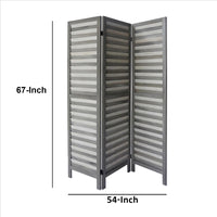 67 Inch Paulownia Wood Panel Divider Screen, Shutter Design, 3 Panels, Gray Stripes - UPT-230658