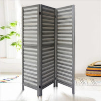 67 Inch Paulownia Wood Panel Divider Screen, Shutter Design, 3 Panels, Gray Stripes - UPT-230658