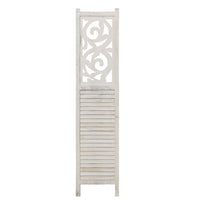 67 Inch Paulownia Wood Panel Divider Screen, Ornate Scrolled Shutter Design, 3 Panels, Rustic Gray - UPT-230660