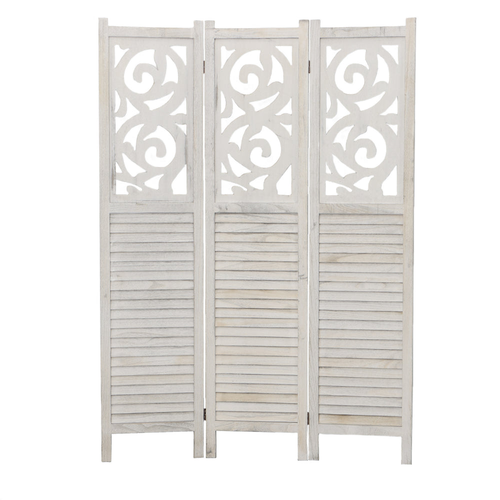 67 Inch Paulownia Wood Panel Divider Screen, Ornate Scrolled Shutter Design, 3 Panels, Washed White - UPT-230660