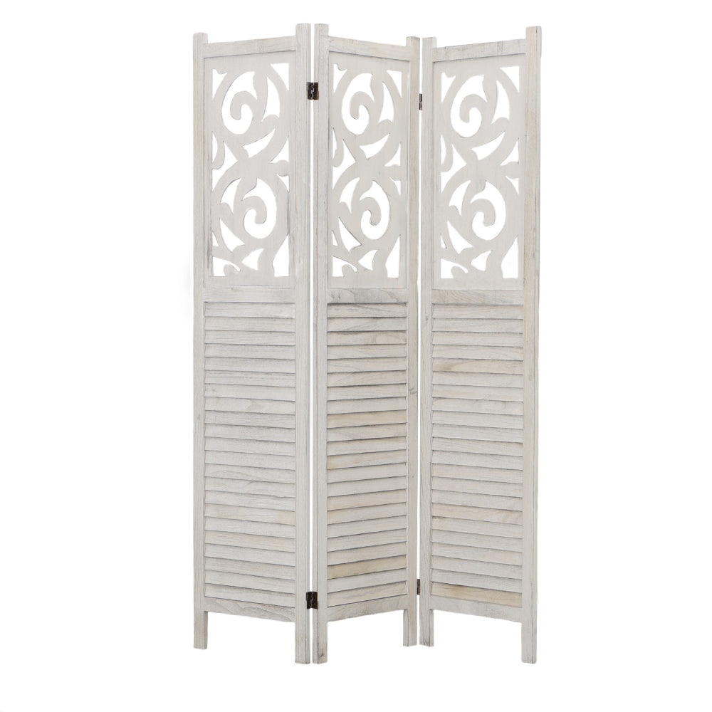 67 Inch Paulownia Wood Panel Divider Screen, Ornate Scrolled Shutter Design, 3 Panels, Washed White - UPT-230660