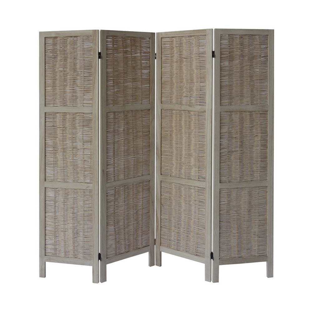 67 Inch Paulownia Wood 4 Panel Divider Screen, Woven Willow Design, Light Brown - UPT-230662