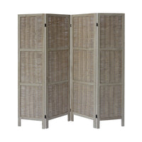 67 Inch Paulownia Wood 4 Panel Divider Screen, Woven Willow Design, Light Brown - UPT-230662