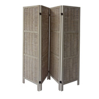 67 Inch Paulownia Wood 4 Panel Divider Screen, Woven Willow Design, Light Brown - UPT-230662