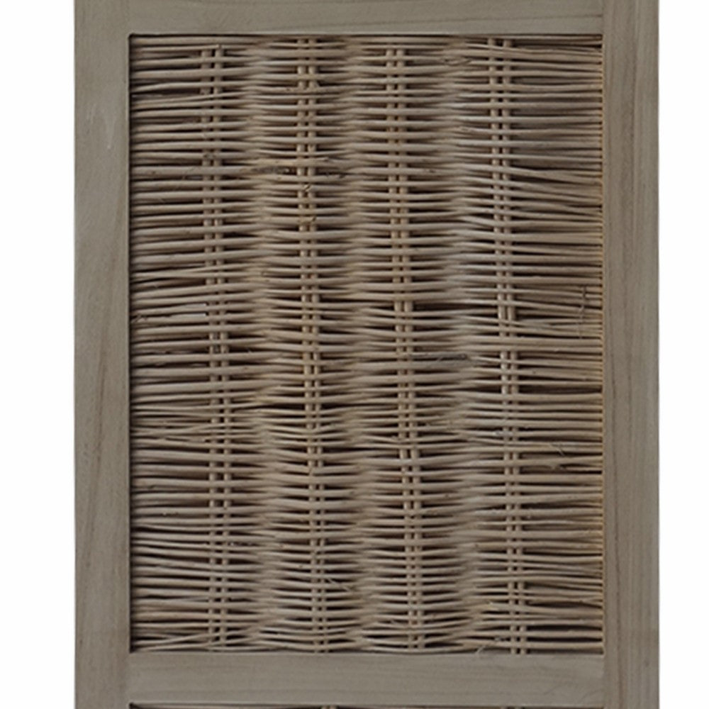 67 Inch Paulownia Wood 4 Panel Divider Screen, Woven Willow Design, Light Brown - UPT-230662