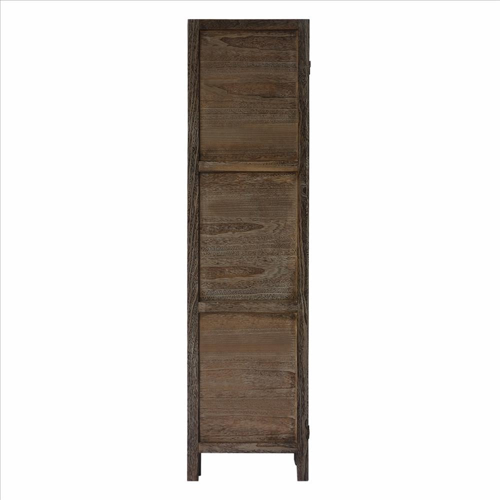 67 Inch Paulownia Wood Panel Divider Screen, Grain Details, Handcrafted, Rustic Brown - UPT-230663