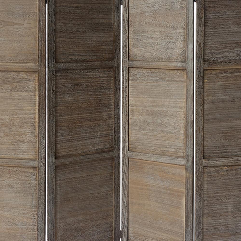 67 Inch Paulownia Wood Panel Divider Screen, Grain Details, Handcrafted, Rustic Brown - UPT-230663