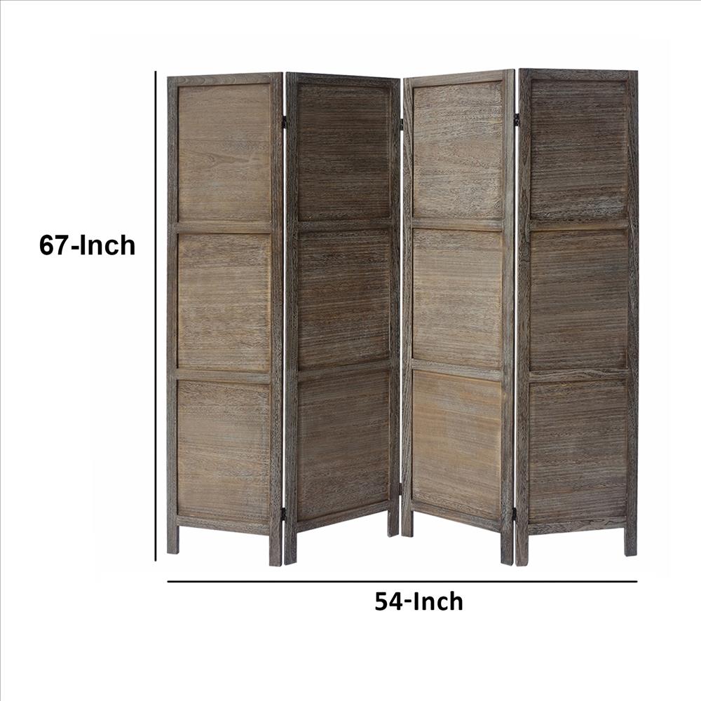 67 Inch Paulownia Wood Panel Divider Screen, Grain Details, Handcrafted, Rustic Brown - UPT-230663