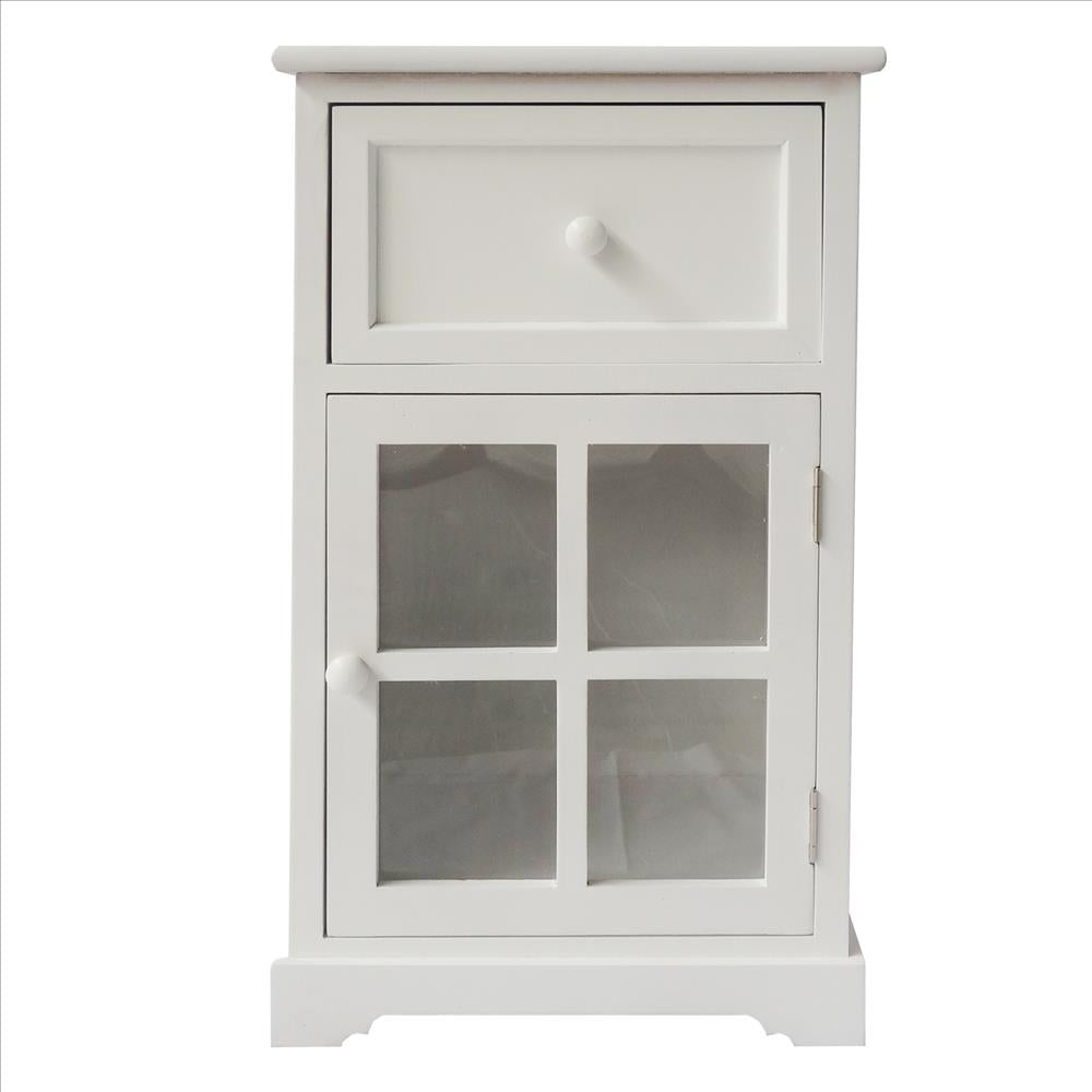 24 Inch Paulownia Wood Accent Cabinet End Table, 1 Drawer, 1 Glass Door, White - UPT-230666