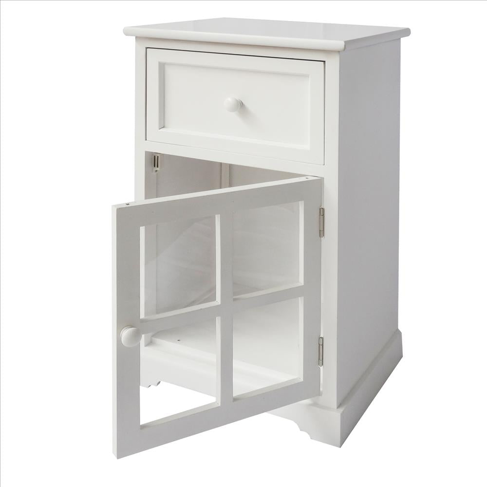 24 Inch Paulownia Wood Accent Cabinet End Table, 1 Drawer, 1 Glass Door, White - UPT-230666