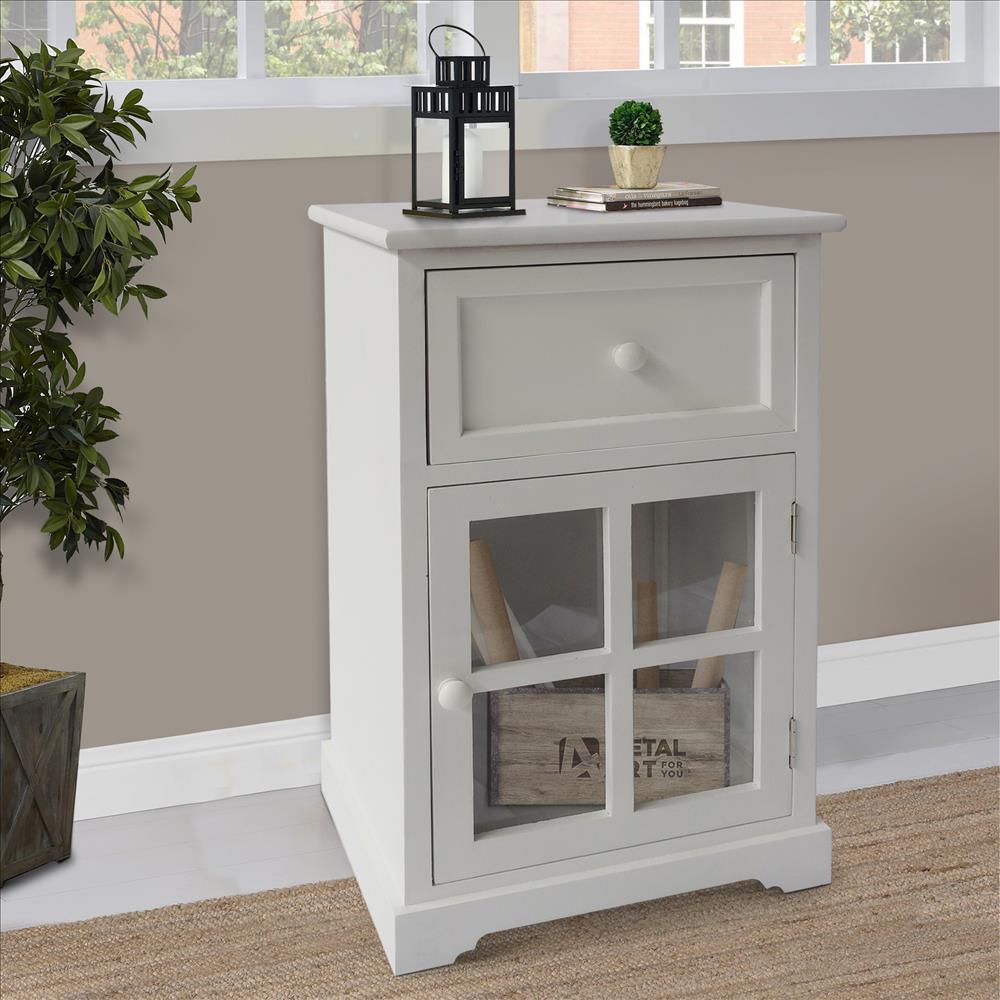 24 Inch Paulownia Wood Accent Cabinet End Table 1 Drawer 1 Glass Door White UPT 230666