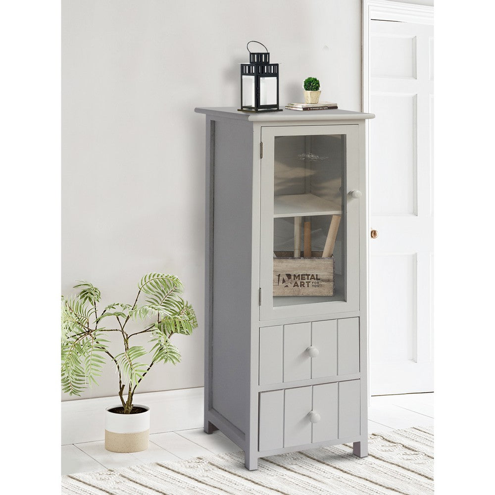 39 Inch Paulownia Wood Accent Cabinet, Vertical, 2 Drawers, 1 Door, Dove Gray - UPT-230667