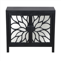32 Inch Rustic Accent Storage Sideboard Cabinet with Flower Design Mirrored Front, 2 Doors, Black - UPT-230846