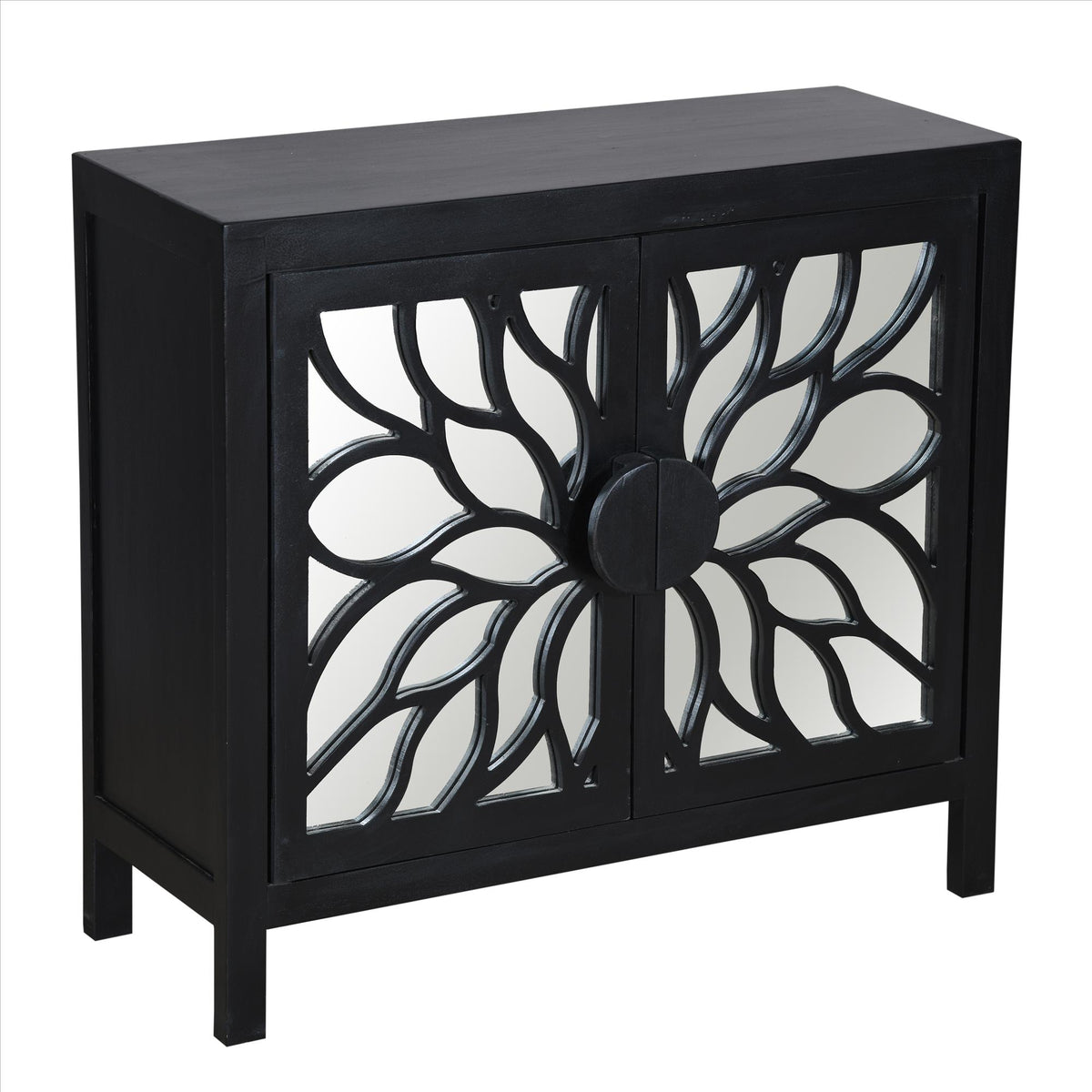 32 Inch Rustic Accent Storage Sideboard Cabinet with Flower Design Mirrored Front, 2 Doors, Black - UPT-230846