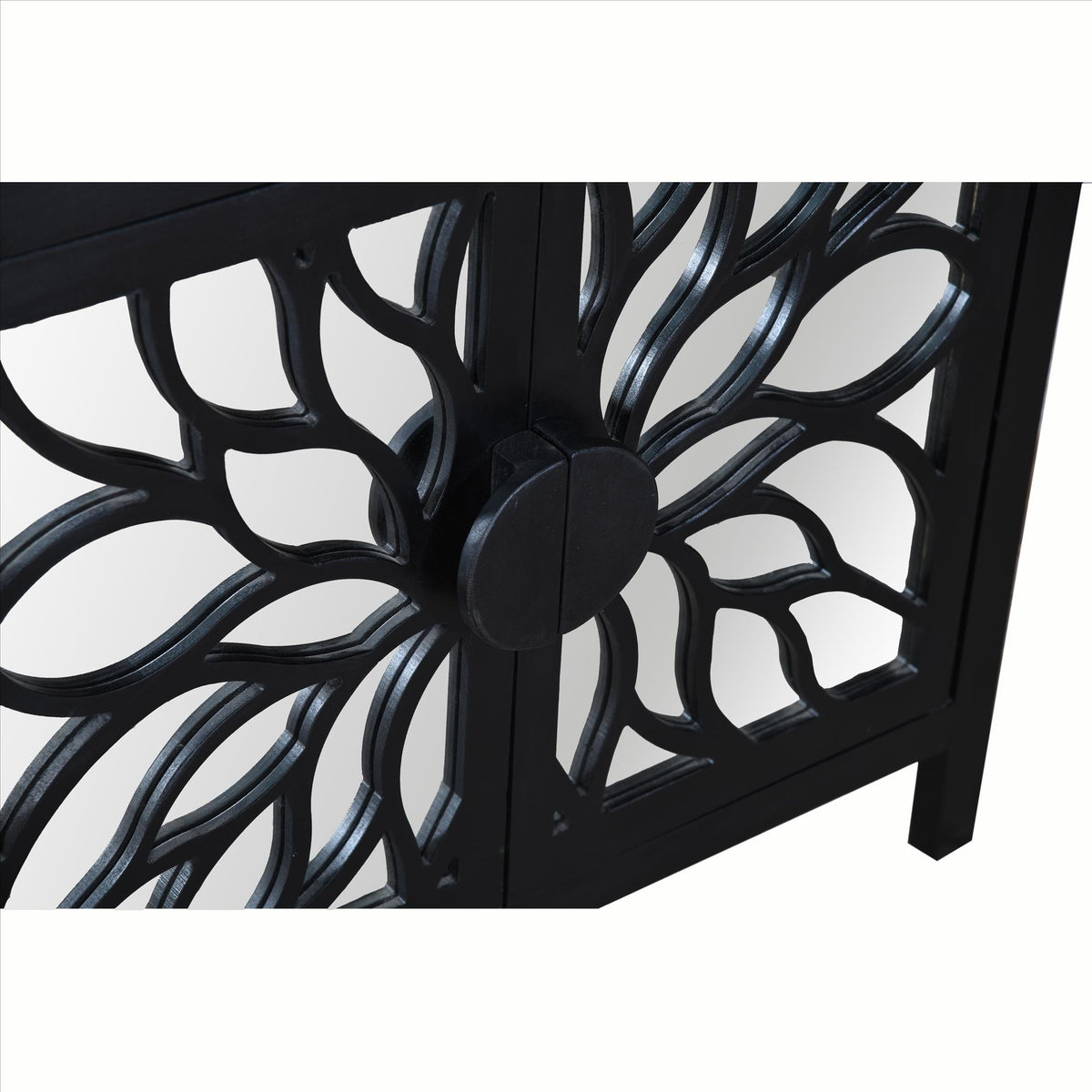 32 Inch Rustic Accent Storage Sideboard Cabinet with Flower Design Mirrored Front, 2 Doors, Black - UPT-230846