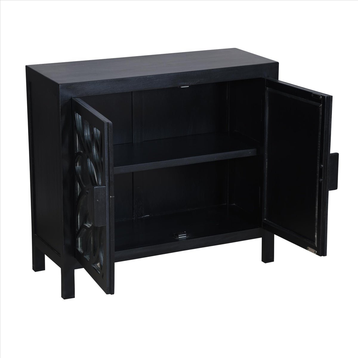 32 Inch Rustic Accent Storage Sideboard Cabinet with Flower Design Mirrored Front, 2 Doors, Black - UPT-230846