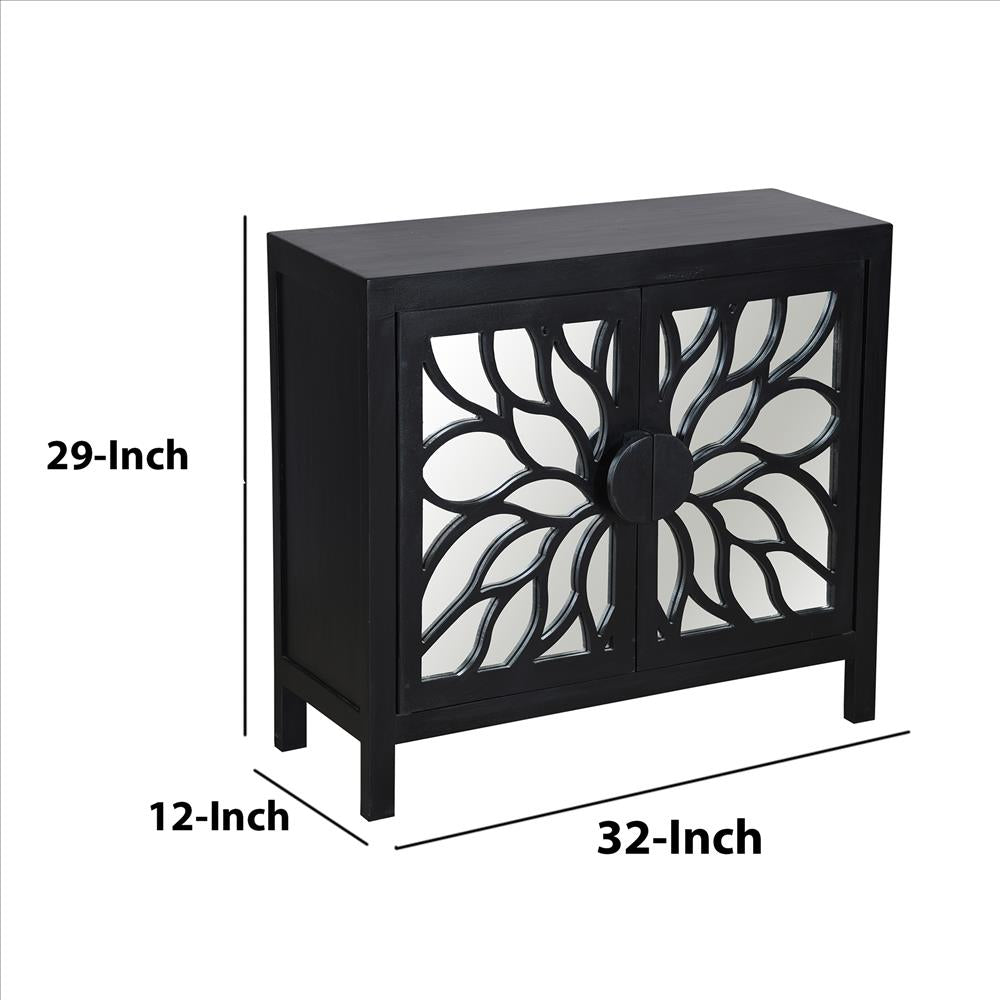 32 Inch Rustic Accent Storage Sideboard Cabinet with Flower Design Mirrored Front, 2 Doors, Black - UPT-230846