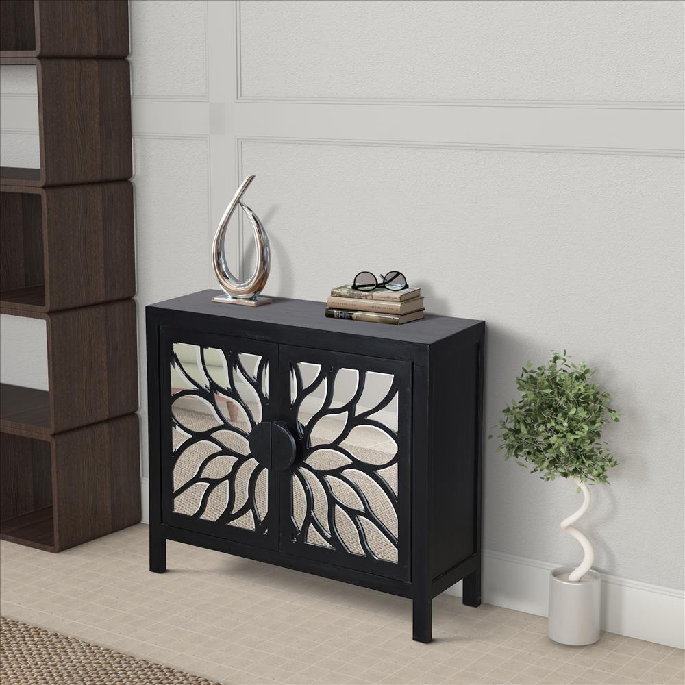 32 Inch Rustic Accent Storage Sideboard Cabinet with Flower Design Mirrored Front, 2 Doors, Black - UPT-230846