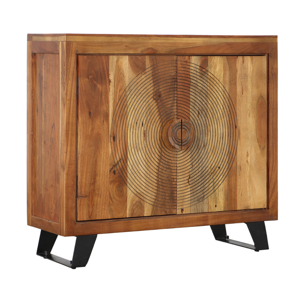 32 Inch 2 Door Rustic Wood Accent Sideboard Storage Cabinet with Engraved Circular Spiral Design, Brown - UPT-230847