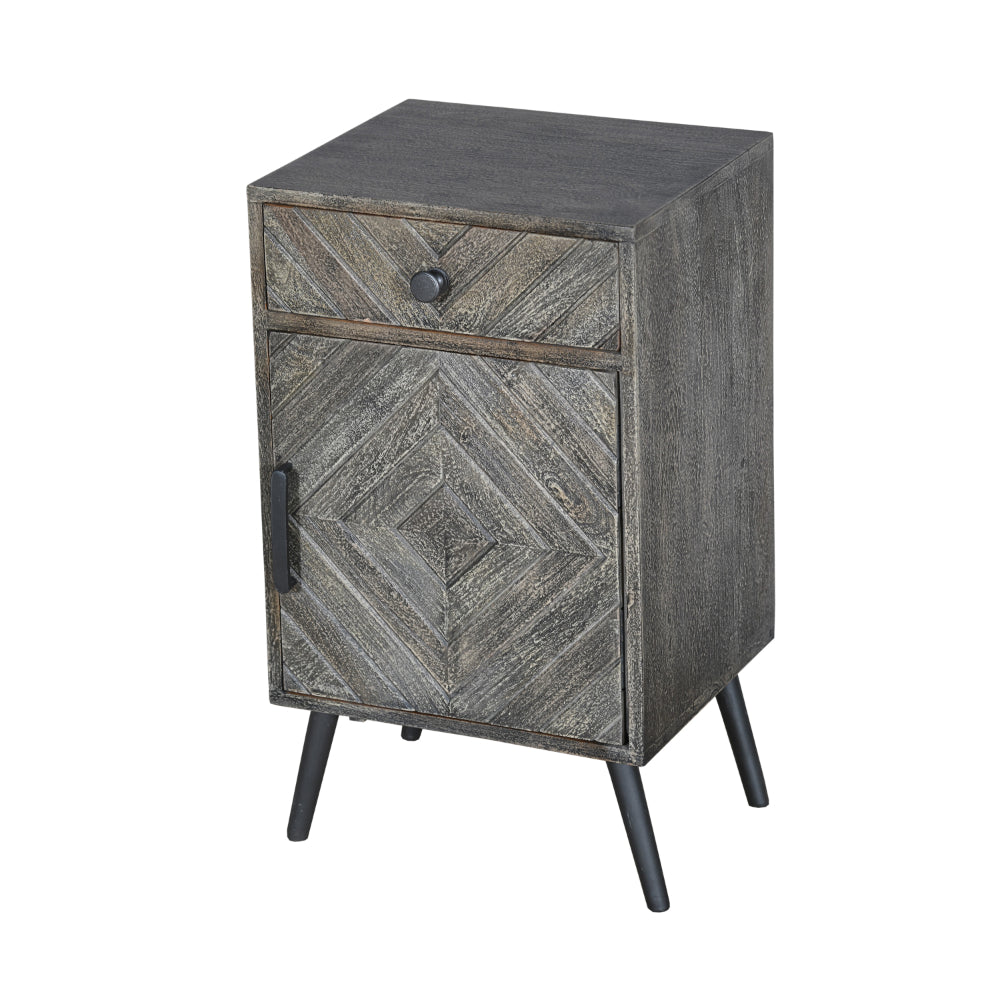 Shon 26 Inch Chevron Pattern Wood Bedside Nightstand, 1 Cabinet Door, 1 Drawer, Distressed Gray - UPT-230849